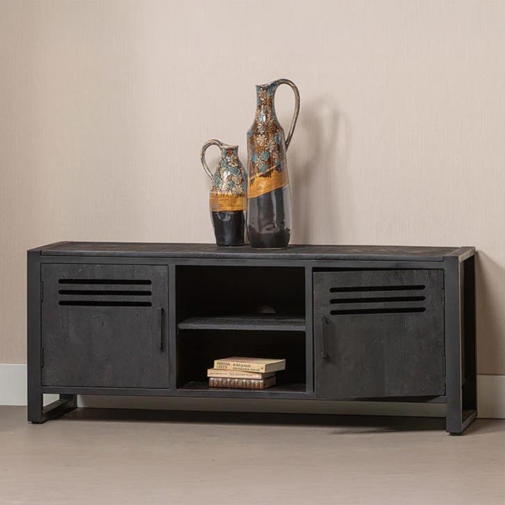 Tv-meubel Mangohout Tristan 150 Zwart, Huis en Inrichting, Kasten | Televisiemeubels, Nieuw, Overige houtsoorten, Verzenden