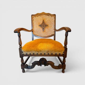 Stoel - Hout, Rattan, Fluweel - Vintage eiken armstoel