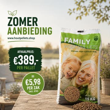 FAMILY PELLETS – 100% naaldhout | Zomerdeal 389,-, Ophalen of Verzenden, Nieuw, Hout, Pelletkachel