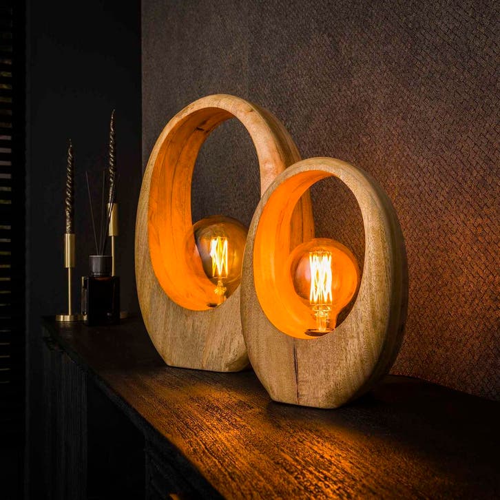 Tafellamp Industriële Design Arch Mango Wood - Nieuw in 2026, Huis en Inrichting, Lampen | Tafellampen, Nieuw, Glas, Hout, Kunststof