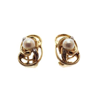 Vintage gouden oorclips met parel en diamanten; 0,08 ct., Gebruikt, Ophalen of Verzenden, Met edelsteen, Goud