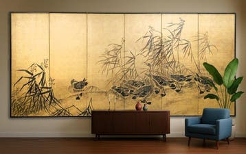 Vouwscherm met ganzen sumi-e - Papier, Goudblad, gelakt hout