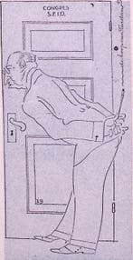 André Tardieu luistert mee achter een deur op spotprent, Verzenden