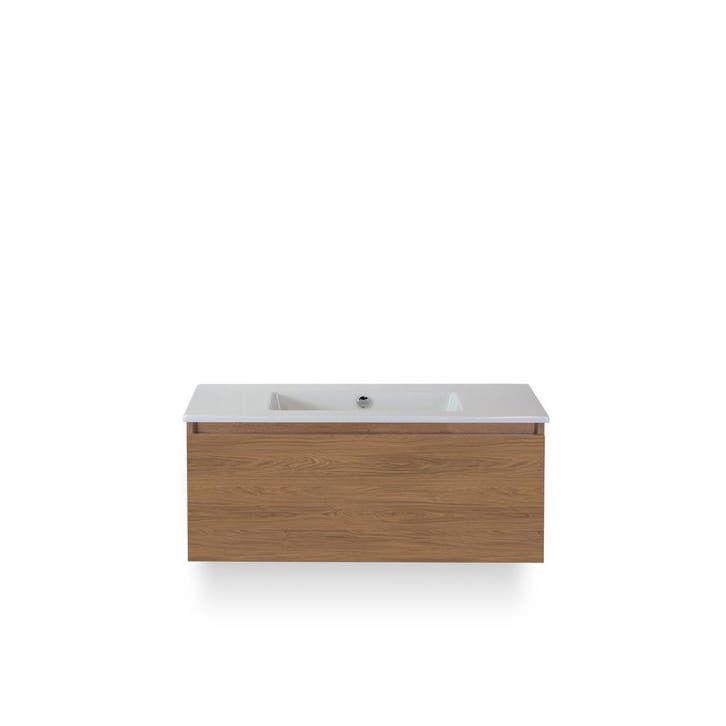 Frozen Badmeubelset 100 cm - Greeplijst in kleur - Honey -, Huis en Inrichting, Badkamer | Badkamermeubels, Ophalen of Verzenden