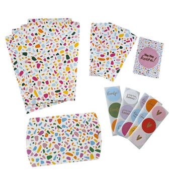 cadeauzakjes stickers met kaartje en gondeldoosje - terrazzo, Diversen, Cadeaupapier, Ophalen of Verzenden, Nieuw