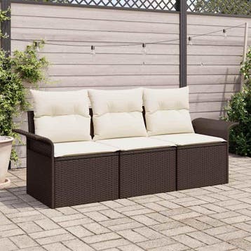 vidaXL Bankstel met kussen 3 pcs Bruin en Crème poly rattan, Tuin en Terras, Tuinsets en Loungesets, Verzenden, Nieuw, Rotan, 3 zitplaatsen