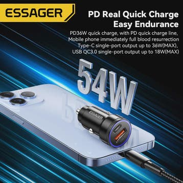 Essager 54W Snellader Auto | PD 3.0 & QC 3.0 | USB-C & USB-A, Auto diversen, Verzenden, Nieuw