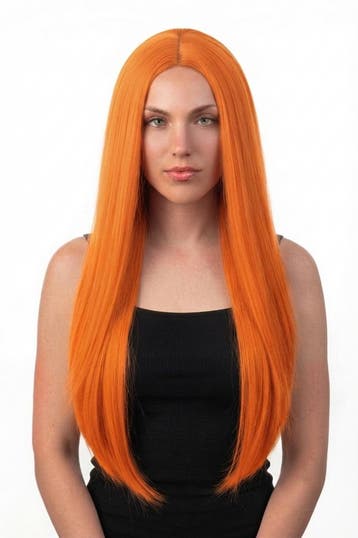 KIMU® Luxe Lange Oranje Pruik Middenscheiding Haarwerk Krull, Kleding | Dames, Ophalen of Verzenden, Nieuw, Carnaval