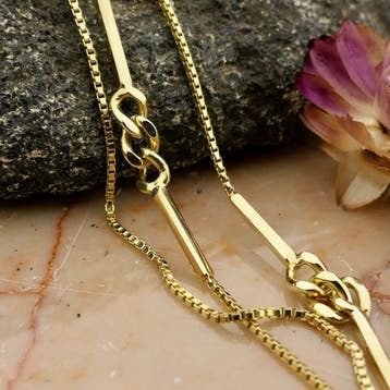 Lange gouden venetiaanse schakelketting/sautoir met staafjes, Ophalen of Verzenden, Gebruikt, Goud, Goud