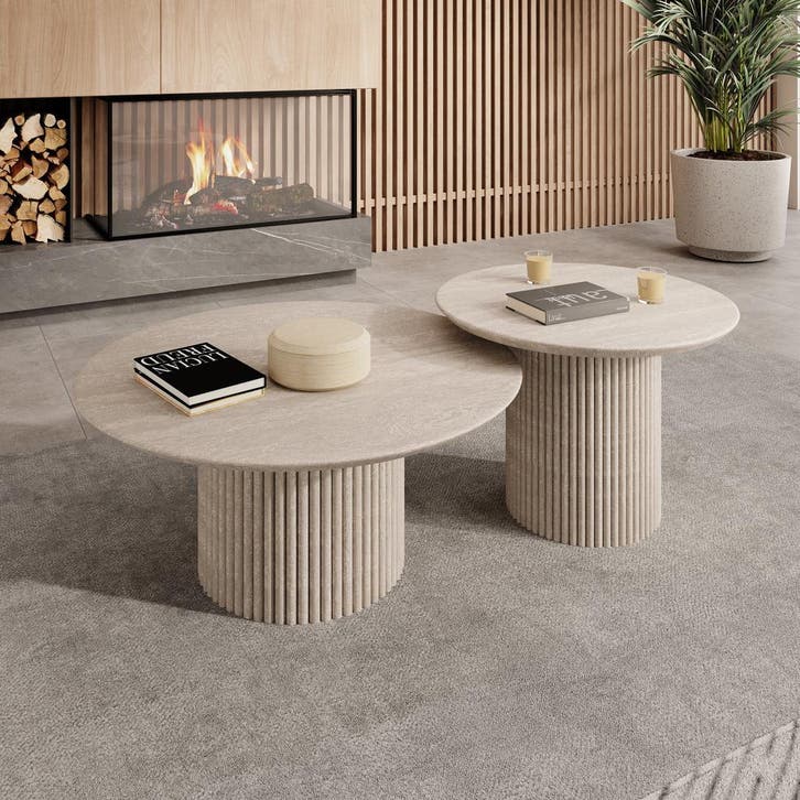 Salontafel travertin set van 2 | nieuw | gratis bezorging, Huis en Inrichting, Tafels | Salontafels, 50 tot 100 cm, Rond, Nieuw