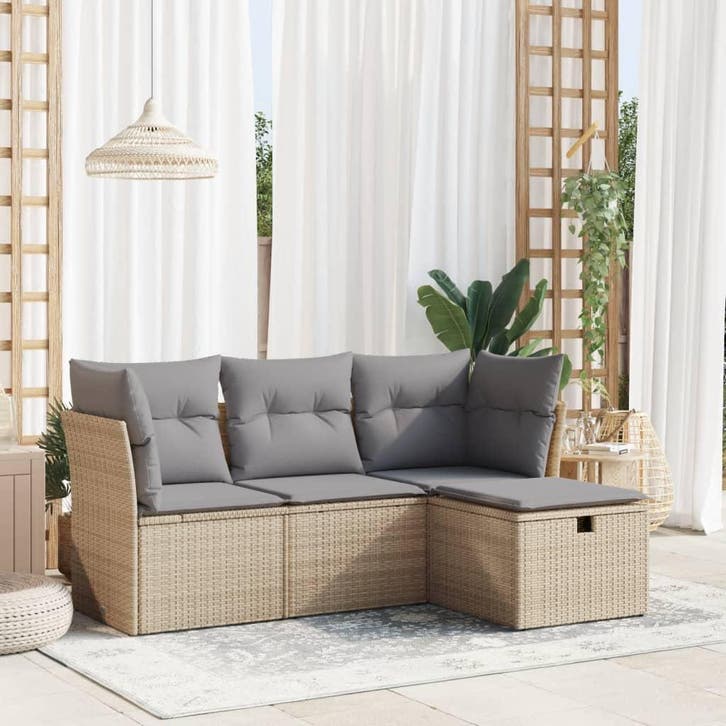 vidaXL 4-delige Loungeset met kussens poly rattan beige, Tuin en Terras, Tuinsets en Loungesets, Loungeset, Nieuw, Rotan, Verzenden