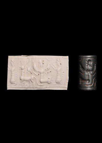 Mesopotamisch hematiet Cilinderzegel met gevleugelde figuren, Antiek en Kunst