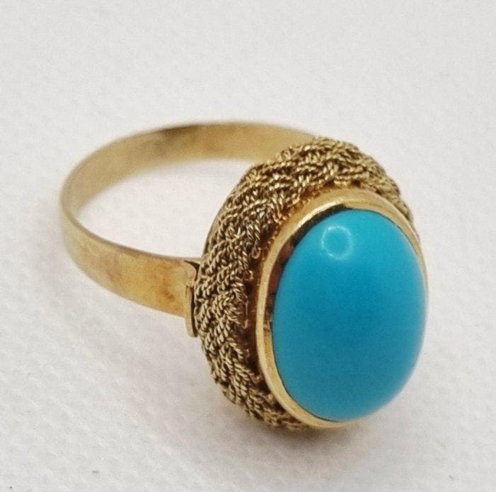 Ring - 18 karaat Geel goud Turquoise, Sieraden, Tassen en Uiterlijk, Ringen