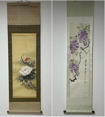 Set van 2 Japanse hangende rolletjes (Kakejiku) - Bloemen en