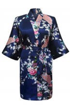 KIMU® Kimono Donkerblauw Kort L-XL Yukata Satijn Boven de Kn, Ophalen of Verzenden, Nieuw, Maat 42/44 (L), Carnaval