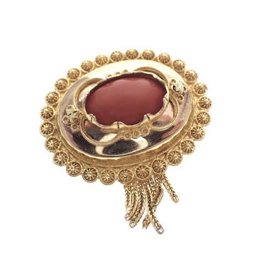 Antiek gouden broche met bloedkoraal; Filigrain, Gebruikt, Overige kleuren, Ophalen of Verzenden, Met edelsteen