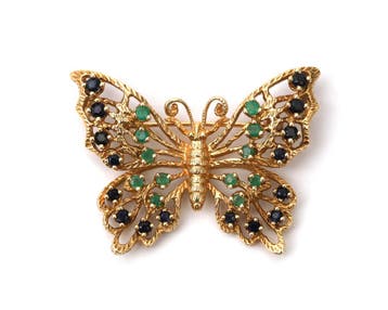 14 krt. gouden vlinder broche/hanger met saffier en smaragd, Gebruikt
