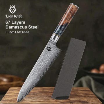 8 inch Damast Koksmes - Professioneel Keukenmes met Zwart Re, Verzenden, Nieuw
