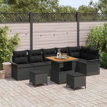 vidaXL Tuinbankenset 9 st Zwart poly rattan, Verzenden, Nieuw, Rotan, Meer dan 8 zitplaatsen