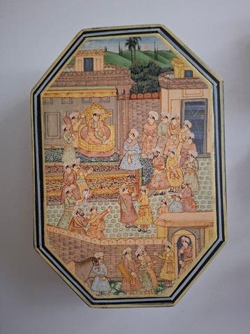 octagonale houten doos, met de hand geschilderd. - India -, Antiek en Kunst