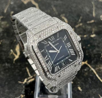Cartier Santos - Blue Dial - WSSA0013 - Iced Out - Diamonds, Sieraden, Tassen en Uiterlijk, Horloges | Heren, Overige merken, Staal