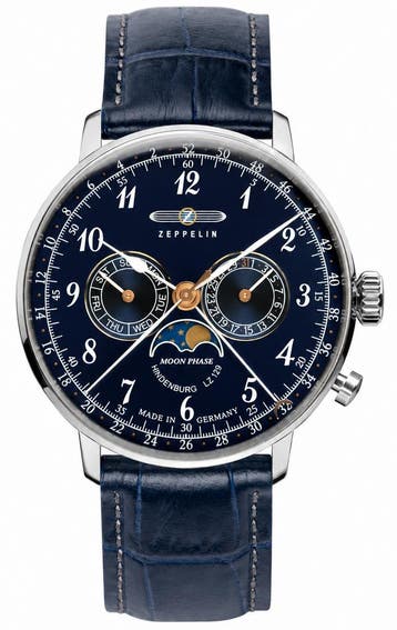 Zeppelin 7036-3 LZ 129 Hindenburg Mondphase horloge 40 mm, Overige merken, Staal, Verzenden, Polshorloge