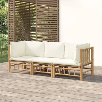 vidaXL 3-delige Loungeset met kussens bamboe crèmewit, Verzenden, Nieuw, Hout, Loungeset