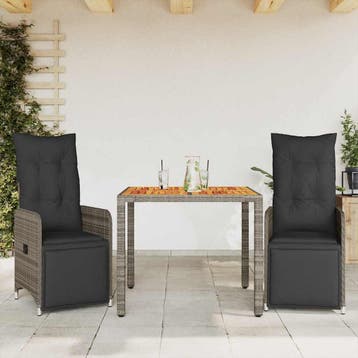 vidaXL 3-delige Bistroset met kussens poly rattan grijs, Verzenden, Nieuw, 2 zitplaatsen