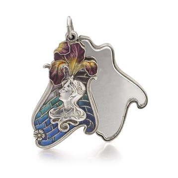 Art Nouveau zilveren plique-à-jour iris hanger met spiegel,
