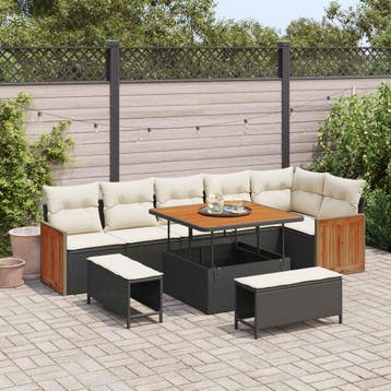 vidaXL Tuinbankenset met kussen 9 pcs Zwart en Crème, Verzenden, Nieuw, Rotan, Meer dan 8 zitplaatsen