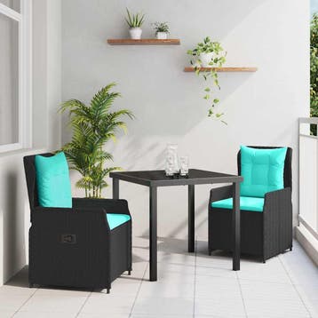 vidaXL Tuin Eetset met kussen 3 pcs Zwart Poly riet, Verzenden, Nieuw, 3 zitplaatsen