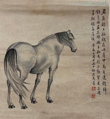 Een inkttekening van een fraai paard, met poëtische