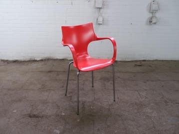 Design kantinestoel rood kunststof verchroomd stapelbaar, Verzenden, Gebruikt, Kunststof