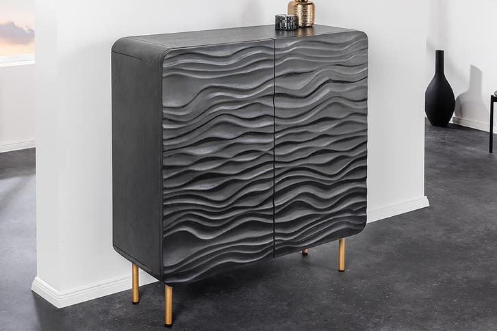 Design dressoir WAVE 120cm zwart mat goud mango massief hout, Huis en Inrichting, Kasten | Overige, Ophalen of Verzenden