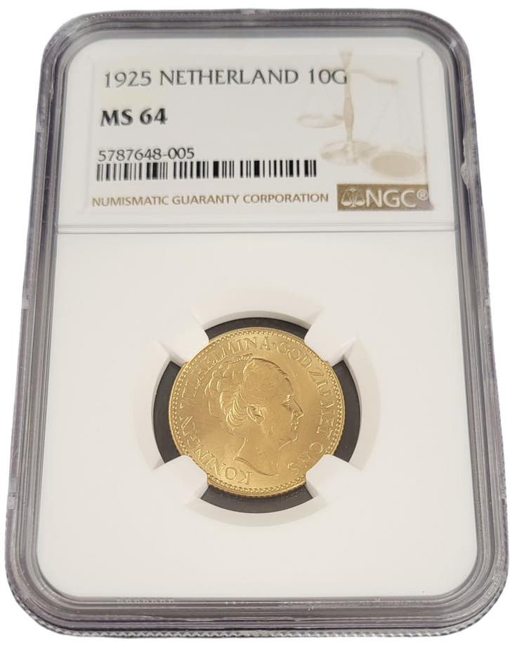 Gouden Wilhelmina 10 gulden 1925 MS64 variant Pearls below, Postzegels en Munten, Munten | Nederland, Losse munt, 10 gulden, Koningin Wilhelmina