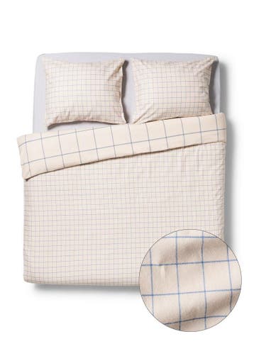 HEMA Dekbedovertrek 200x200/220cm flanel ruiten blauw, Verzenden, Nieuw, Beige