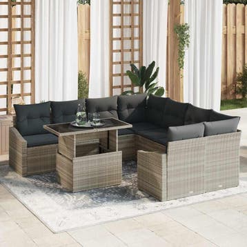 vidaXL Tuin Sofa Set met opslag 9 pcs Lichtgrijs Poly riet, Verzenden, Nieuw, Rotan, Meer dan 8 zitplaatsen