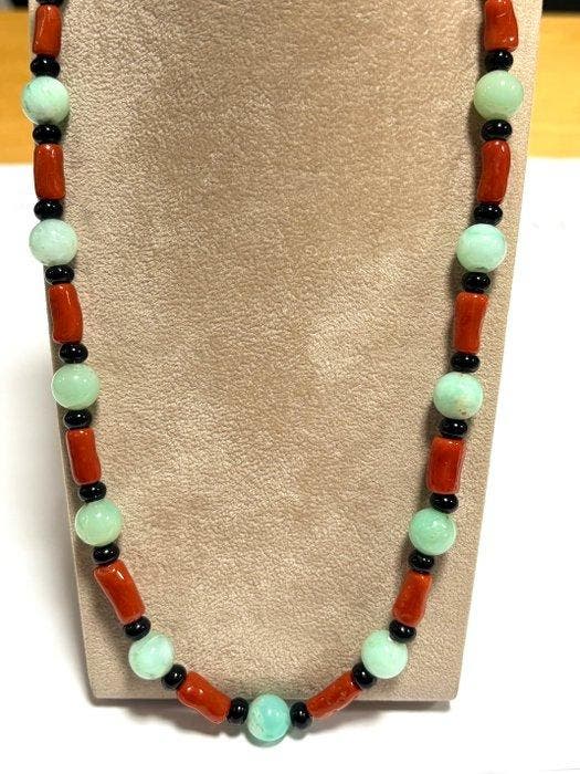Koraal - Zilver - Halsketting - Crisoprasio, Verzamelen, Mineralen en Fossielen