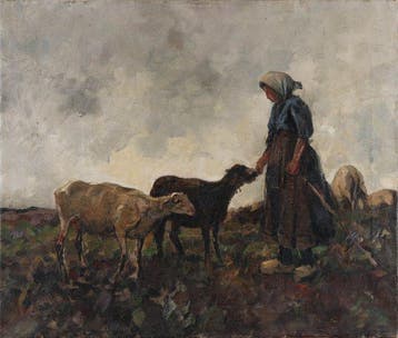 Willem Hendrik van der Nat (1864–1929) - Boerin met schapen, Antiek en Kunst, Kunst | Schilderijen | Klassiek
