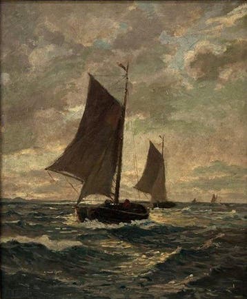 Albert Lahde (1869–1940) - Marina con velieri nel mare