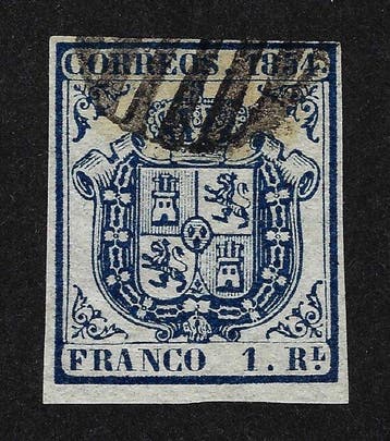 Spanje 1854 - Wapen van Spanje 1 real donkerblauw -, Gestempeld