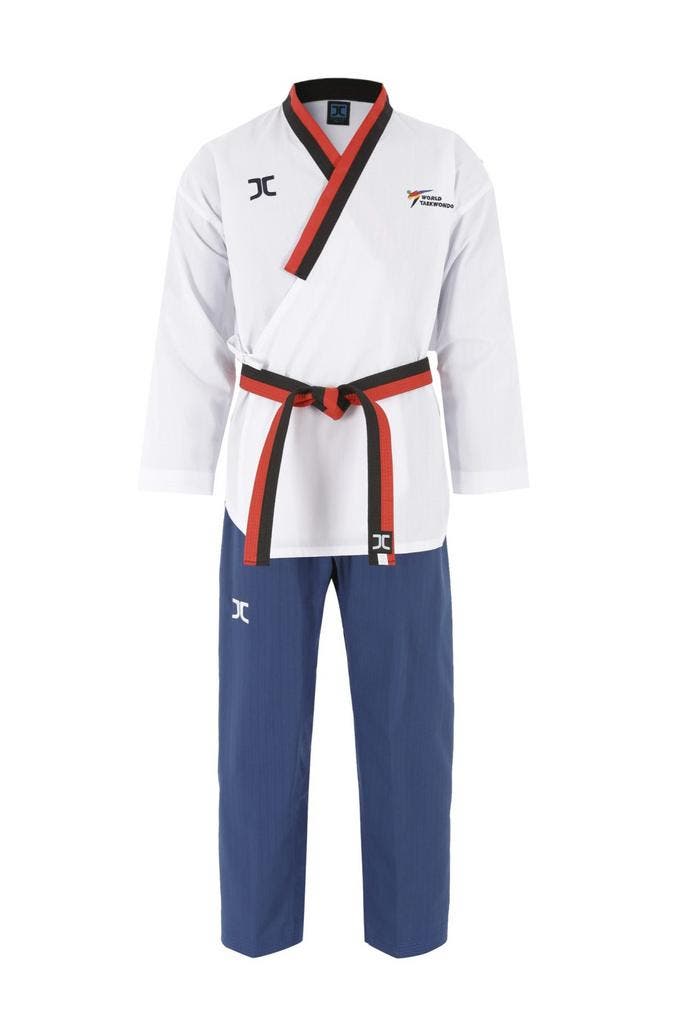 JCalicu poomsae taekwondopak | WT | Wit / Blauw (Maat: 150), Sport en Fitness, Vechtsporten en Zelfverdediging, Vechtsportpak