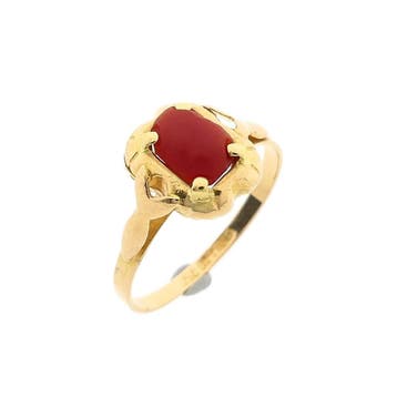 18 Krt. antiek gouden ring met bloedkoraal, Sieraden, Tassen en Uiterlijk, Gebruikt, Ophalen of Verzenden, 17 tot 18, Met edelsteen