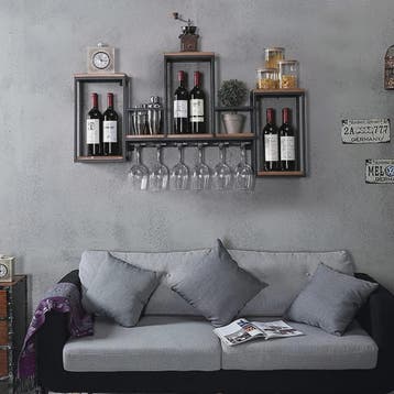Industriële Houten Wijnrek Wandmontage met Glashouder - Bar, Huis en Inrichting, Kasten | Buffetkasten, Verzenden, Nieuw