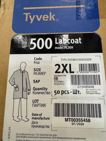 Laboratoriumjas wit Dupont Tyvek labcoat 500 model PL309, Ophalen, Nieuw
