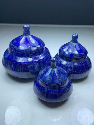 lapis lazuli-mozaïek op brons snoeppotten met deksel -