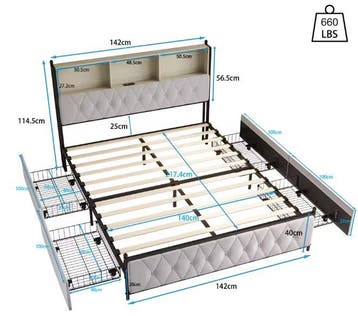 Houten Aura 140x200 cm Tweepersoonsbed met LED, USB en Lades, Verzenden, Nieuw