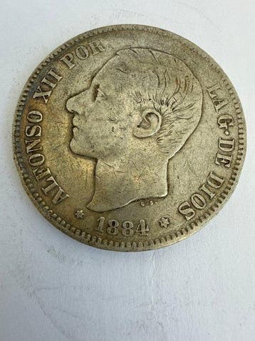 Spanje. Alfonso XII. 5 Pesetas 1884 MSM (Zonder, Postzegels en Munten