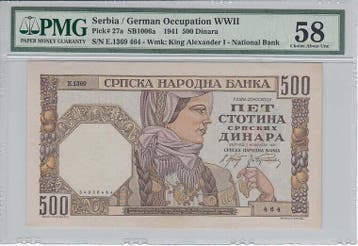 1941 Serbia 500 Dinars Pick 27a Pmg Choice About Unc 58, Postzegels en Munten, Bankbiljetten | Europa | Niet-Eurobiljetten, Verzenden