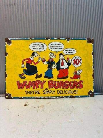 Popeye – Wimpy Burgers – Vintage emaille reclamebord –